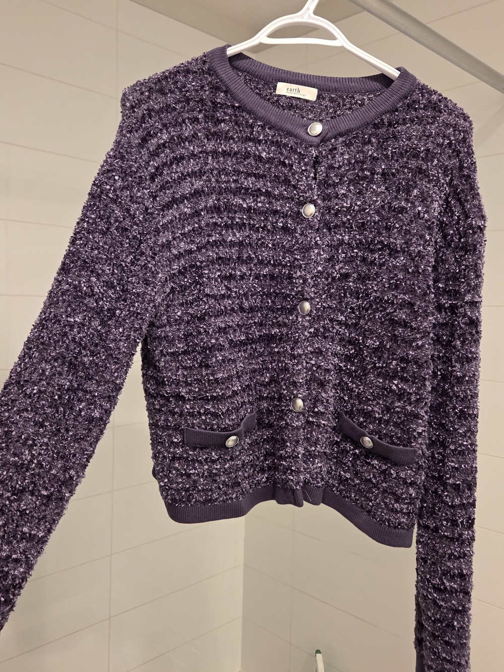 Japanese Brand - Grey Purple Button-Front Women's Cardigan